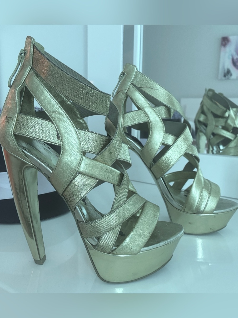 Bebe Gold Strappy Platform High Heel Sandals - Women's 6